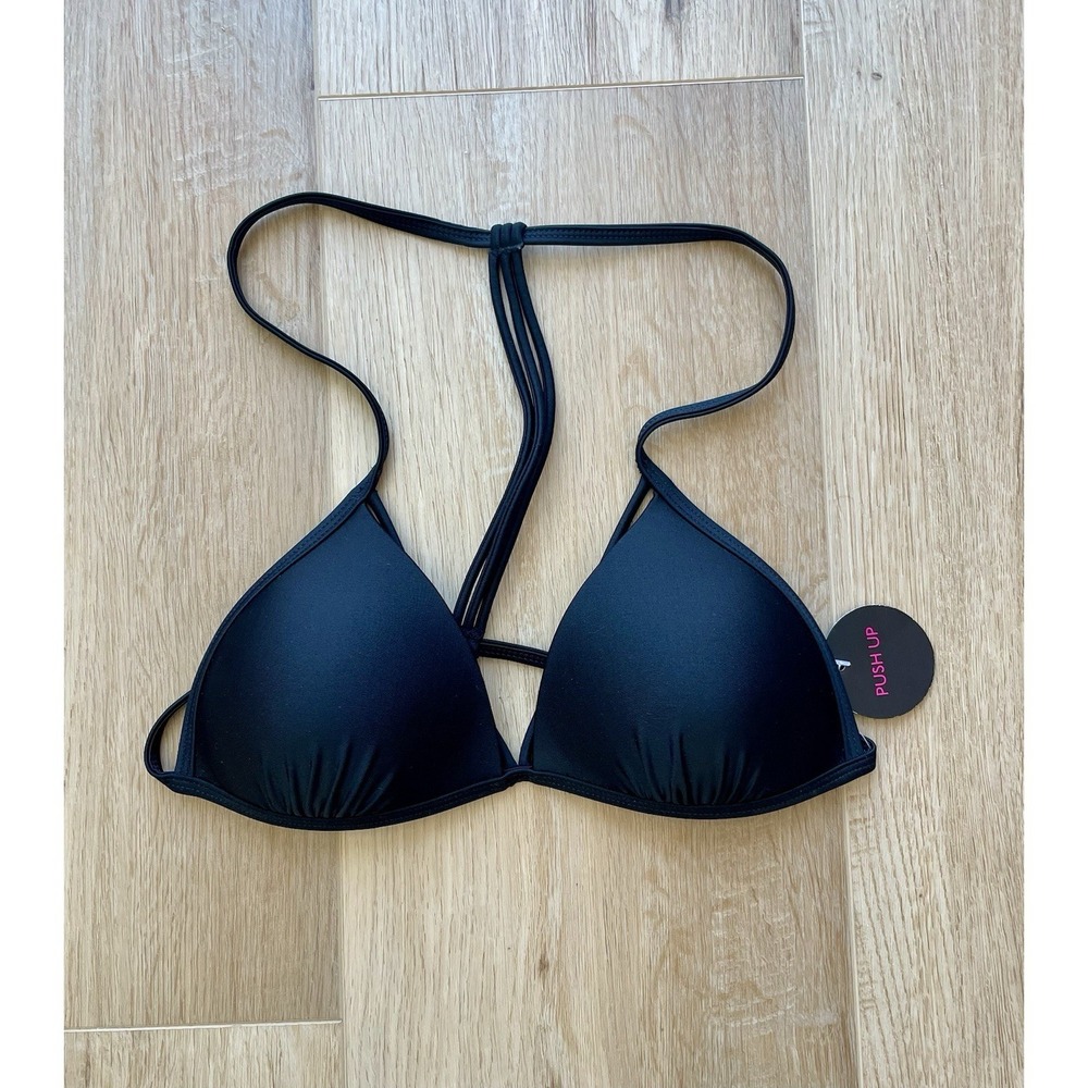 No Boundaries Bikini Top M Black Push Up Strappy Back Triangle Swimwear NWT New